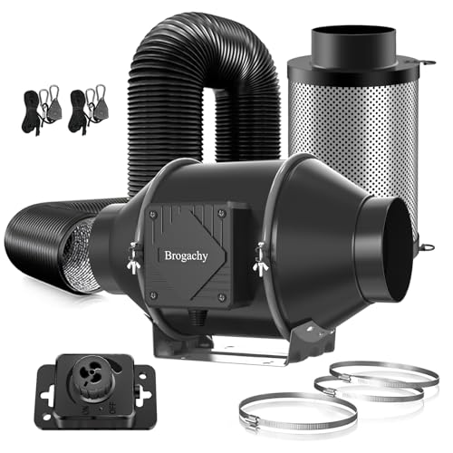 Brogachy Abluftset 100mm Rohrventilator 363m³/h,Dreiphasiger EC-Motor Lüftungsset mit Drehzahlsteller Aktivkohlefilter Schlauch Abluft Lüfter Growbox Belüftungssystem für Growbox Gewächshaus.