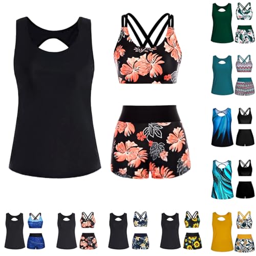 Badeanzug Damen 3-Teiliger Tankini Set Bikini Set Bauchweg Bademode 3 Teilig Badeanzüge Tank Top mit Push-up-Bikinioberteil und High Waist Badeshorts Blumendruck Schwimmanzug Einfarbig Strandmode