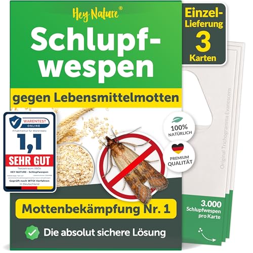 Schlupfwespen gegen Lebensmittelmotten - 1 x 3 Karten - Mit Schlupfwespen effektiv Lebensmittel-Motten bekämpfen - Alternative zu Lebensmittelmotten Falle, Mottenkugeln & Mottenspray