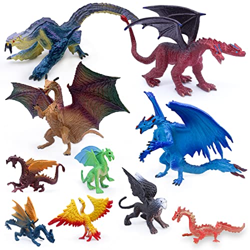 SIENON 10 Stück Drachen-Spielzeugfiguren – 4 Stück 13CM große Drachenfiguren mit 6 Stück 8CM Mini-Drachenspielzeug Stilen, Kinder-Drachenspielzeug für Kuchen Topper