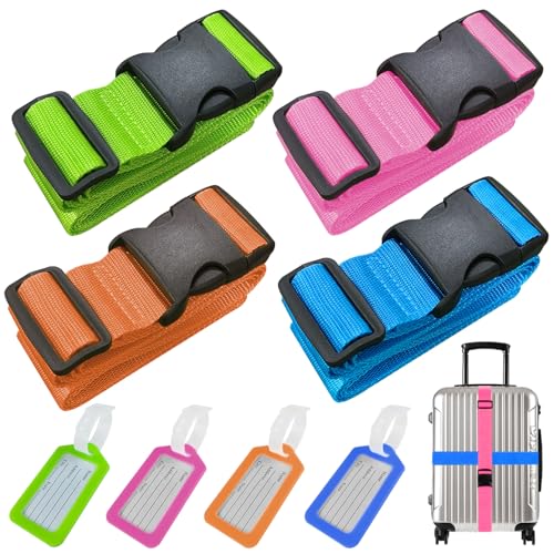 Snarflun 4 Stück Koffergurte Set mit 4 Gepäckanhängern – Verstellbare, auffällige Luggage Straps für sicheren Gepäckschutz und schnelle Erkennung bei Reisen