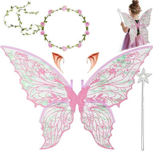 Feenflügel Kostüm,Feenflügel Erwachsene,Schmetterlingsflügel mit Elfenohren,Fee Stirnband und Sterne Feenstäbe,Prinzessinnenflügel Damen,Geeignet Fasching Karneval Geburtstag Cosplay Party Halloween