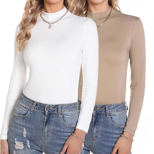 Aottori Langarmshirt Damen Stehkragen Oberteile Elegant Rollkragenpullover Langarm T-Shirt Einfarbig Tops Slim Fit Wandershirt Casual für Herbst Winter Weiß+Khaki S