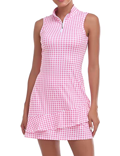 Viracy Tenniskleid für Damen, ärmellos, mit Shorts und Taschen, Rüschen, Reißverschluss, Stehkragen, Golf-Outfits, Hahnentritt, Mittel