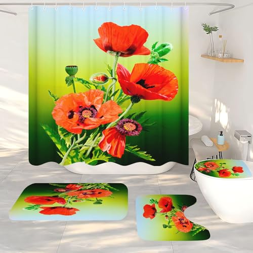 FABTOP Duschvorhang Blumen Rote Mohnblumen Duschvorhänge 180x200 cm Floraler Duschvorhang Mit Mohnblumen-Motiv, Blumen Rote Mohnblumen Duschvorhang Für Badezimmer (5,180 x 200 cm)