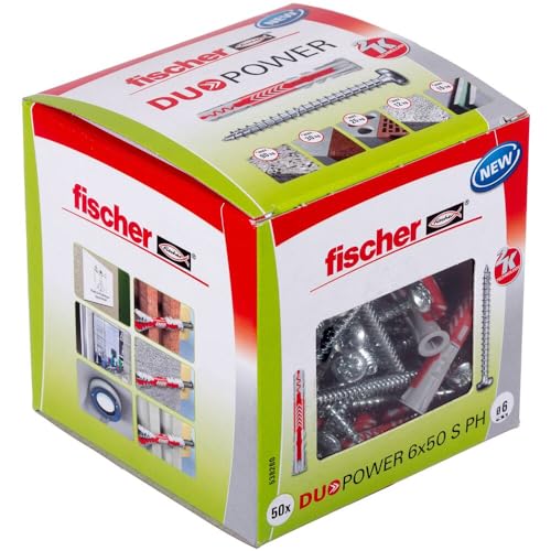 fischer DuoPower 6 x 50 S PH, Universaldübel mit Panheadschraube, 2-Komponenten-Dübel, Kunststoffdübel zur Befestigung in Beton, Ziegeln, Stein, Gipskarton uvm., 50 Dübel + 50 Schrauben