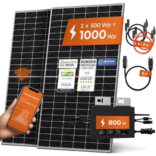 Solarway® 1000W Balkonkraftwerk 800W komplett Steckdose - neuester 800 Watt Wechselrichter - Solaranlage Komplettset - 500W Solarmodule & Envertech & Zubehör