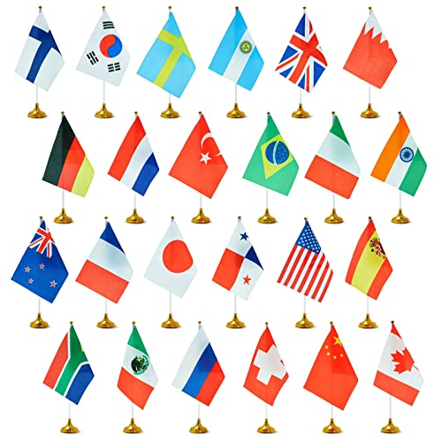 Juvale Internationale Tischflaggen mit Ständer (Set, 24 Stück) - Tischfahnen - Darunter Deutschland, USA, Südafrika, China, Türkei - 21 x 14 cm Mehrfarbig