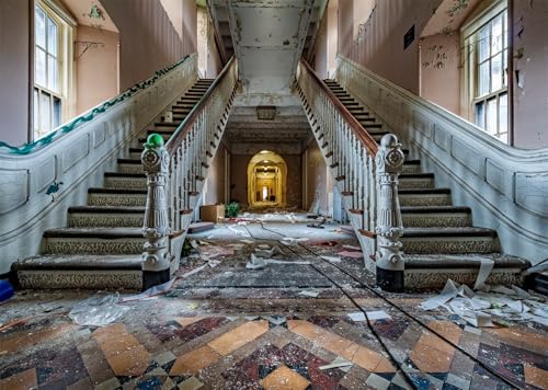 CORFOTO 1.5x1.2m Verlassene psychiatrische Klinik Fotokulisse Altes vergessenes Gebäude Innenkulisse Vintage dekorierte Treppe Fotografie Kulisse Halloween Tatort Fotokabine