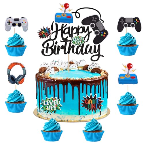 37 Stück Videospiel Tortendeko Geburtstag,Playstation Tortendeko,Gaming Cake Topper,Glitzer Spielkonsolen Thema Torten Deko, Cupcake Topper für Kindergeburtstag Videospiel Party