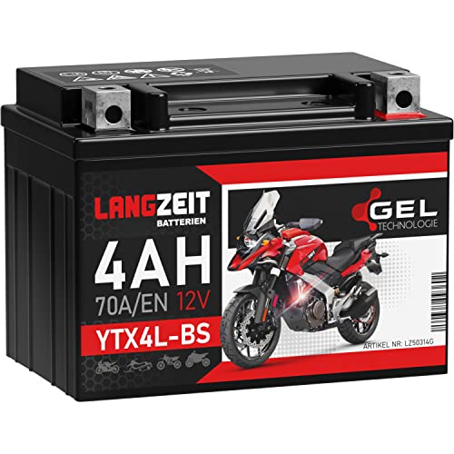 LANGZEIT YTX4L-BS GEL Roller Batterie 12V 4Ah 70A/EN GEL Batterie 12V Motorradbatterie doppelte Lebensdauer entspricht 50314 CTX4L-BS vorgeladen auslaufsicher wartungsfrei