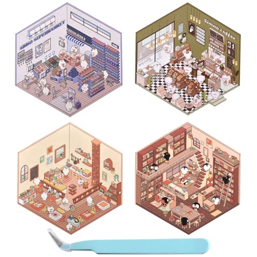 MUNSKT DIY 3D House Stickers, 4 Stück 3D Sticker Scene,Sticker Therapy,Spass DIY Aufkleber Szene(Buchhandlung, Restaurant, Supermarkt, Kaffeegeschäft)