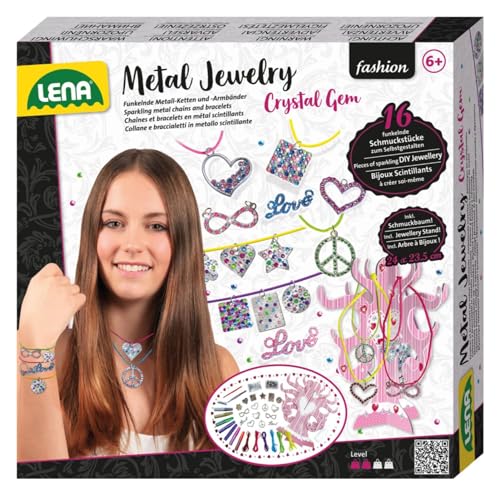 Lena 42658 - Bastelset Metallschmuck mit Kristall Edelsteinen Komplettset mit 16 Metall Schmuckanhängern 6 Bändern 650 Strasssteinen & Glitzer Set für Armbändern und Halsketten Kinder ab 8 Jahre
