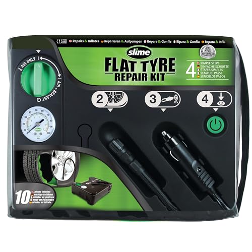 Slime 50129 Reifenreparatur bei Platten Reifen, Notfallausrüstung, enthält Dichtmittel und Reifenkompressor, Geeignet für Autos und andere Autobahn-Fahrzeuge, 10 Minuten Reparatur