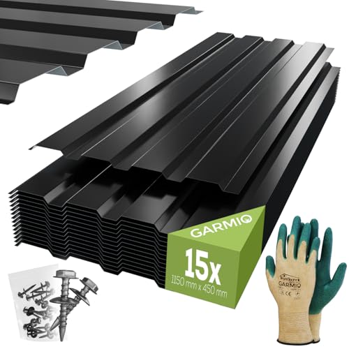GARMIO® Profilblech Amalfi 115x45 cm Trapezblech Set mit 15 Stück, 7,8 m² Dachblech inkl. Schrauben, verzinkter Stahl schwarz