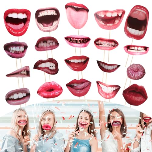 AOZUO 20 Stück Fotobox Accessoires Hochzeit,Hochzeit Foto Requisiten, Lustige Lippen Mund Fotoautomaten Handheld Party Selfie Zubehör für Karneval Geburtstag Abschlussfeier Halloween Dekoration(Stil1)