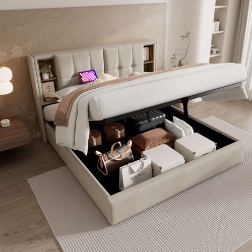 KOMHTOM Gepolstertes Bett mit kabellosem Laden USB C, Bett mit Stauraum unter dem Bett, Kopfteil mit Aufbewahrungsfach, Lattenrost (ohne Matratze) (Beige, 140 x 200 cm)