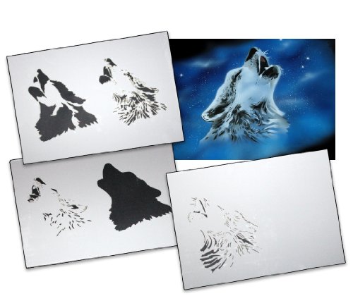 UMR-DESiGN, AS-001 Wolfkopf Step by Step Schablone für Acryl, Airbrush, Spray, Lacke und Wandfarbe Größe M