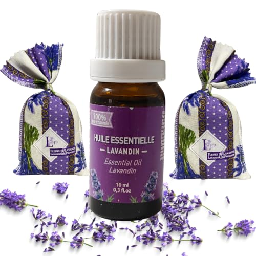 LHP Ätherisches Lavendelöl, 10 ml, Lavendel-Duftsäcke, Lavendelblüten + Lavendelöl, 2 Beutel gegen Motten + 100 % reines und natürliches Öl, beruhigend und parfümierend für Kleidung