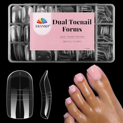 EBANKU 300PCS Polygel Tips Nagelformen für Zehen, Lange Quadratische Dual Tips Nägel für Pediküre Nagelverlängerung, Poly Gel Zehennägel Set, Wiederverwendbar Zehen Nagelspitzen Form, 15 Größen
