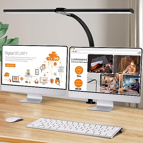 LOTTBUTY Doppelkopf Schreibtischlampe LED dimmbar,24W 80CM klemmbar Homeoffice Tageslichtlampe Schreibtisch Lampe, Schwanenhals Büro Tischlampe schwarz, Augenschutz Monitorlampe,5 Farbmodi