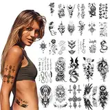 ACWOO Temporäre Tattoos, 40 Blätt Schwarz Temporäre Aufkleber, Blume Löwe Wolf Tiger Elch Alphabet Wasserfest Tattoo, Temporary Fake Tattoos für Frauen und Männer, Wasserdicht Tatoo für Arm Brust Bein