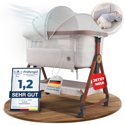 KUNU® besonderes Baby-Beistellbett 2.0 – Sicher getestet & vielseitig einsetzbar – Mit Rollen- & Wiegefunktion – Höhenverstellbar – Babyoptimierte Matratze – Inkl. Reisetasche – Von Eltern für Eltern