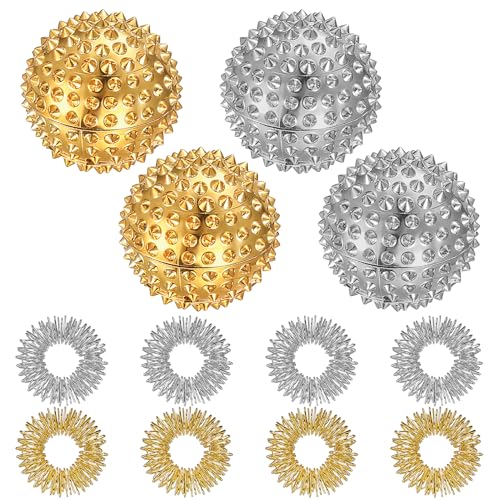 4 Stk Magnetic Acupressure Balls & 8 Stk Massageringe für Fingermassagering, Igelball Klein Metall, Akupressur Ring, Magnetisch Igelball Massageball für Stress Relief Massage Ball, Gold/Silber