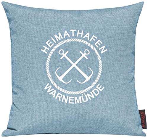 Shirtinstyle Sofakissen Heimathafen Warnemünde, Kissen, Meer, Heimatort, Stadt, Urlaub, Größe 40 x 40cm, Farbe Tuerkis