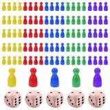 CANRNYACBZ 100 Stück Spielfiguren für Brettspiele Bunte Halmakegel Set und 5 Würfel aus Holz für Brettspiele Rot, Gelb, Blau, Grün,Violett Holzpuppen Spielfiguren Halmakegel 25x12cm Mühle Steine Set