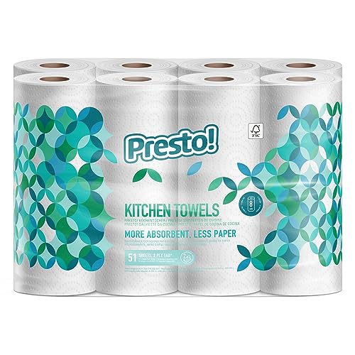 Marque Amazon - Presto! Essuie-tout TAD, Extra Absorbant, 8 Rouleaux (1 Paquet de 8), 51 Feuilles par Rouleau, Essore et Réutilise, Certifié FSC