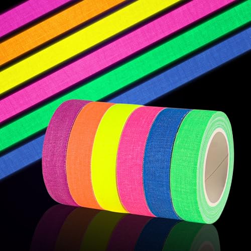 Neon Klebeband, 6 Rollen Fluoreszierendes Klebeband, Leuchtklebeband für Schwarzlicht Party, Neon Party, Weihnachtsdeko, Partydeko, Halloween Handwerk (5m x15mm)