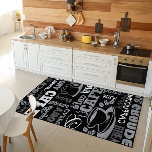 VIMODA Küchenteppich Teppichläufer Coffee Design Modern Kaffee Muster in Schwarz ideal für die Lounge oder Küche, Maße:40x60 cm