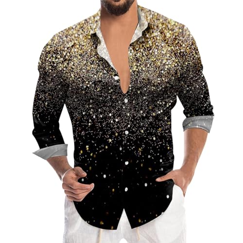 Disco Hemd Herren 70er Outfit Glitzer Hemden Langarm Glänzende Business Shirt Freizeithemden für Männer Party Karneval Kustüm Discokugel Nachtklub Musikfestival Pailletten Silvester Outfit Herren