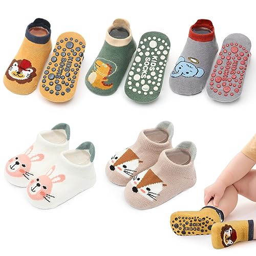 angelikashalala 5 Paar Baby rutschfeste Socken, Anti Rutsch Babysocken with Cartoon Tiermotive für Baby Mädchen Jungen Kinder(0-12 Monate)