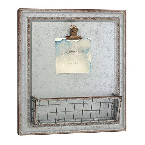 Stonebriar Rustic Galvanized Metal Magnetic Memo Board for Wall with Clip and Wire Basket