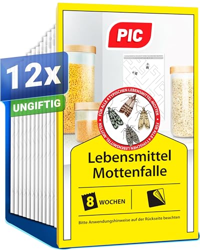 PIC Lebensmittelmotten Falle - 12 Lebensmittelmottenfallen - Mottenfalle mit Pheromon für ideale Wirkung - Mottenfalle Lebensmittel - Effektive Klebefallen zur Befallsermittlung von Lebensmittelmotten