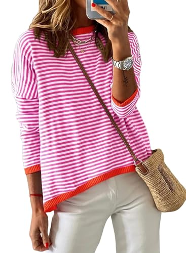 Cuptacc Damen Pullover Winter Gestreiftes Sweatshirt Rundhalsausschnitt Baumwolle Locker Langarmshirt Pink XL 46-48