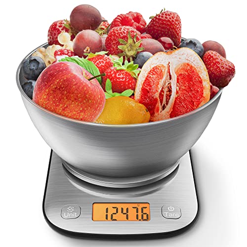 GRAM PRES Lebensmittel Küchenwaage Digital Gewicht Gramm und Oz mit IPX6 Waterproo,Professionelle Edelstahl Digital Küche Lebensmittelwaage 11lb/0.01oz mit Schüssel für Diät Backen Kochen