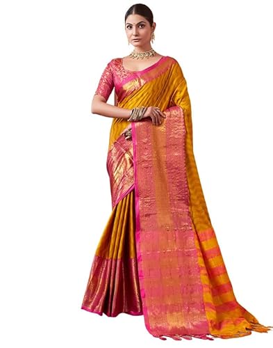 SIRIL Damen Jacquard Baumwolle Seide Sari mit ungenähtem Blusenteil, Gelb, Einheitsgröße