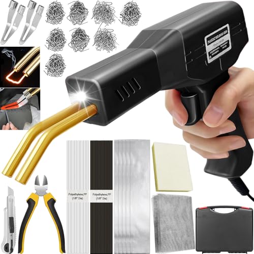220W Kunststoff Schweißgerät 2 in 1 Stoßstangen Reparatur Set Kunststoff Schweißen mit 800PCS Hot Hefter, 2 Thermischer Glättkopf, 40PCS Kunststoff-Schweißstäbe, Kunststoff Reparaturset Auto(Schwarz)