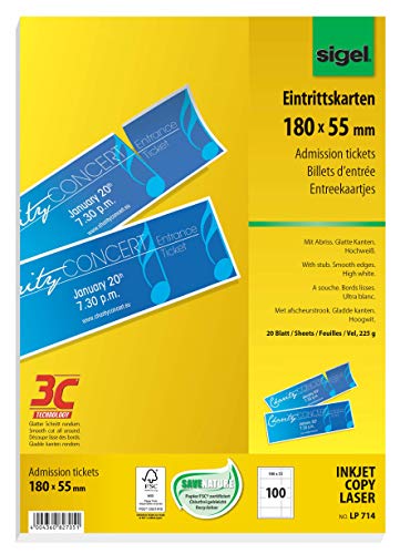 SIGEL LP714 Eintrittskarten zum Selberdrucken, 180x55 mm, 100 Stück (20 Blatt), mit Abriss