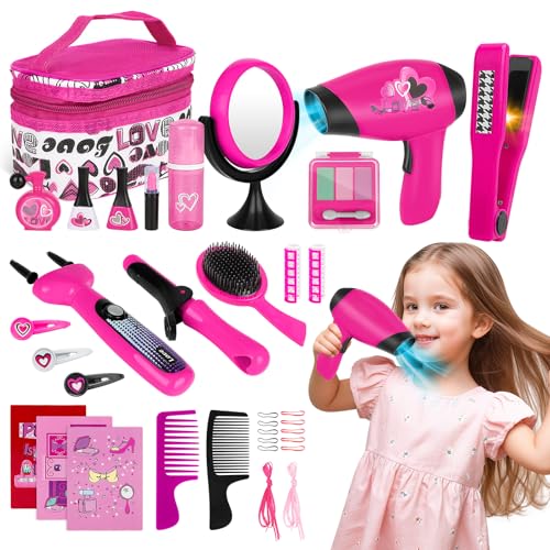 deAO Friseur- und Schminktaschen-Beauty-Set für Mädchen, Styling, Make-up-Accessoires, Spielset, inkl. Flechtmaschine und Haartrockner