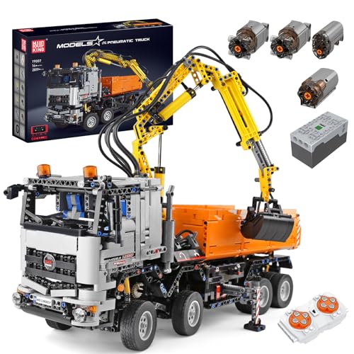 Mould King 19007 Technik Pneumatischer LKW Bausteine Modell, 2970 Teile Fernbedienung Pneumatic Truck Bauset, Klemmbausteine Kran Spielzeug Bausatz mit Fernbedienung und App Doppelsteuerung