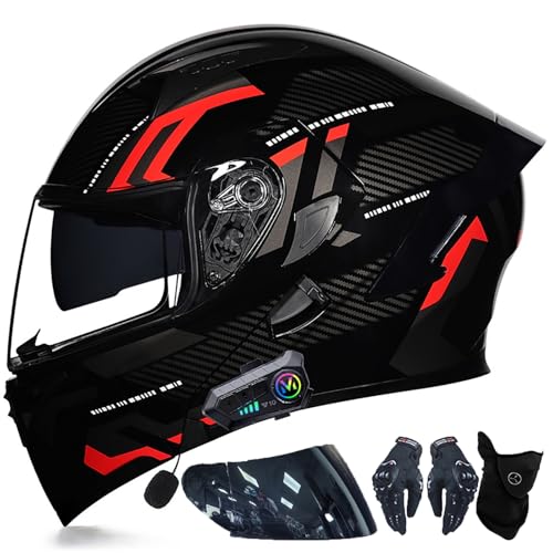 Bluetooth Motorradhelm mit Doppelvisier, Motorrad Herren Damen Modularhelm Klapphelm mit Dual-Lautsprecher-Headset Automatische Anrufannahme, Integralhelm Fahrradhelm ECE-geprüft