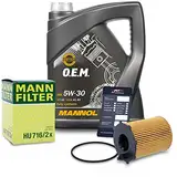 BESTPRICE Inspektionspaket Ölwechsel Filterset mit 1x MANN-FILTER Ölfilter, 1x MANNOL Motoröl 5W-30 5L, 1x Ölwechselanhänger
