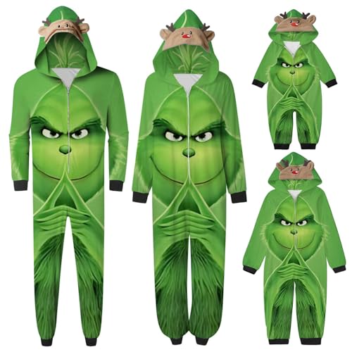QWUVEDS Schlafanzug Weihnachten Grinch Pyjama Einteiler Pyjamas Sets für Familie, Niedlicher Weihnachts Einteiler Schlafanzüge mit Kapuze, Hausanzug Nachtwäsche für Damen Herren Kinder Baby 350