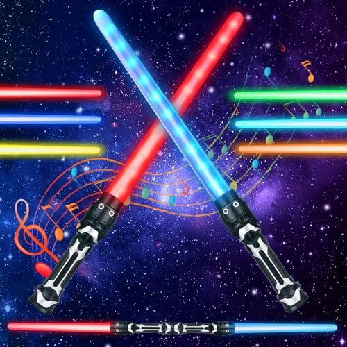 SUFANG 2 Stück Lichtschwerter mit Licht und Sound Laserschwert Kinder Duell Lichtschwerter 2 in 1 Doppelklingen Laserschwert Lichtschwert Einziehbares Laserschwert Cosplay Spielzeug für Kinder