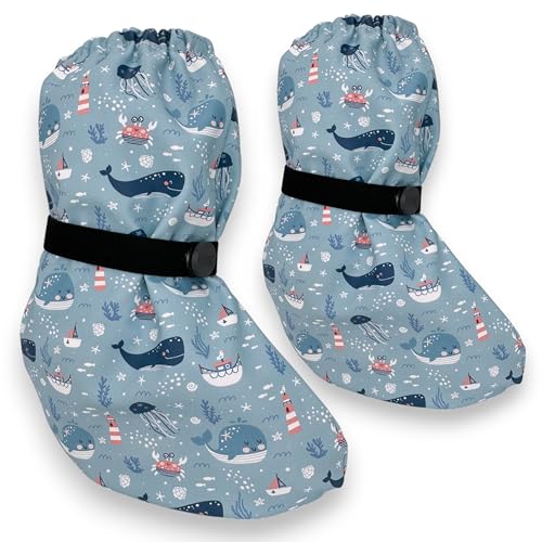HECKBO Baby Regenfüßlinge - Wasserdichte Schuhüberzieher 3-18 Monate, Fisch & Meer Motiv, Vliesgefüttert - Outdoor Krabbelschuhe für Matsch
