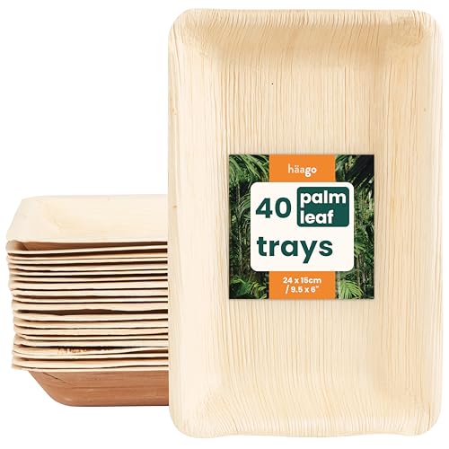 HAAGO Palmblatt-Tabletts (15x22cm, rechteckig) Kompostierbar & Einweg - Umweltfreundlich Picknick & Outdoor - Gefrierschrank- & mikrowellengeeignet (20)